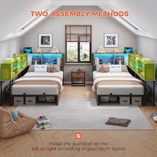 DICTAC Corner Twin Bed Frame with Bookcase Storage and Led Lights Metal Twin Size Platform Beds with Storage and Charging Station Twin Daybed with 2