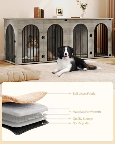 71" Dog Crate Furniture for 2 Dogs, Heavy Duty Indoor Dog Kennel TV Stand, XXL Wooden Dog Cage with Divider for Medium Large Dogs