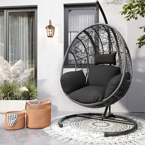 Oversized Hanging Egg Chair Outdoor Indoor, Wicker Swing Egg Chair with Stand 400lbs Capacity for Bedroom, Patio, Garden and Balcony (Beige-nest