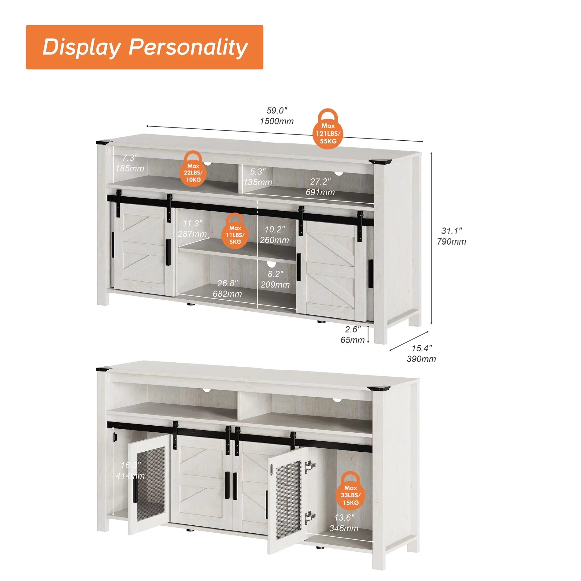 2-in-1 Farmhouse TV Stands for 100+ Inch TV, Antique White 118" Wooden Entertainment Center with Mesh and Barn Doors