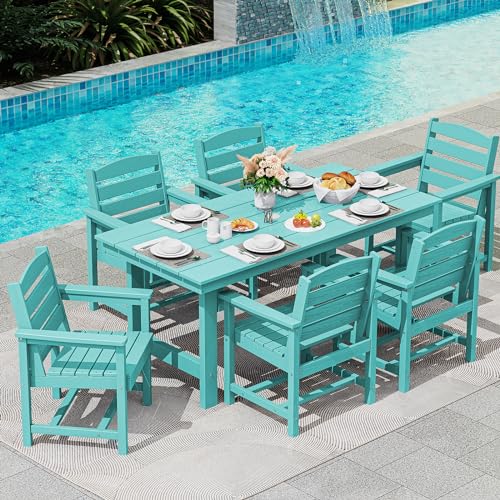 SERWALL Outdoor HDPE Dining Table Set, 7-Piece Outdoor Dining Table Sets with Umbrella Hole Cut-Out Table and 6 Chairs, Gray