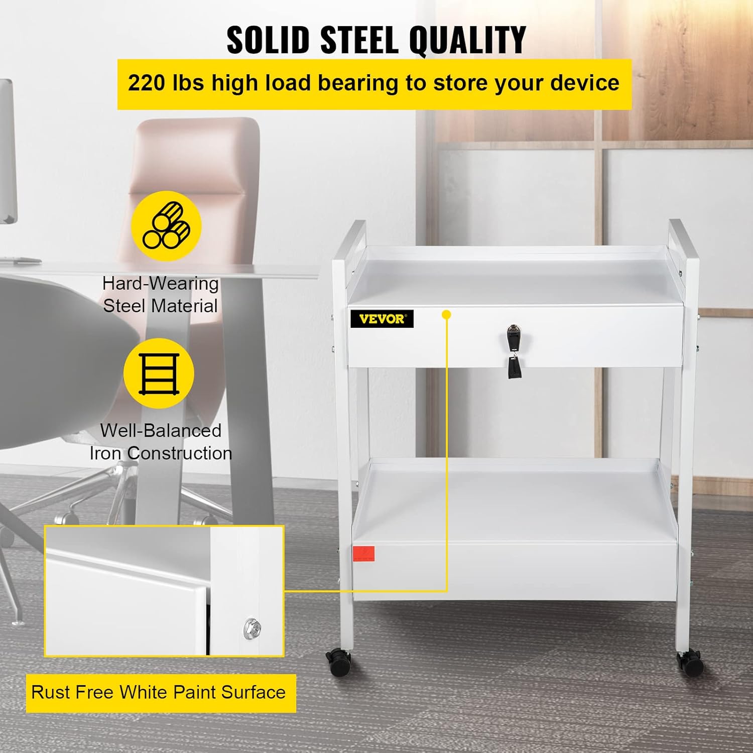 VEVOR Lab Cart, 2 Tiers Lab Trolley, Steel Lab Utility Cart, 360° Rolling Lab Cart, Locking Drawer Stainless Steel Lab Cart