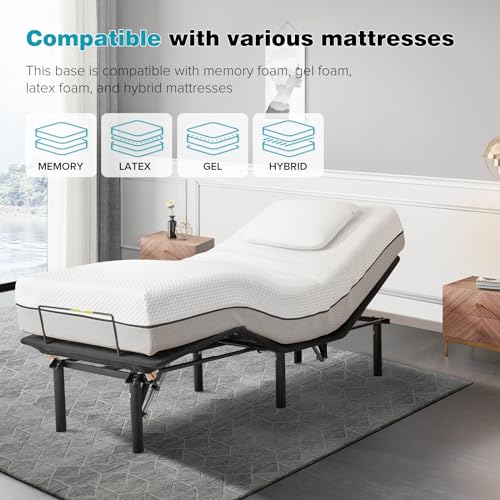 Twin Adjustable Bed Frame, Wireless Remote Control, Whisper Quiet Durable Motor, Independent Head and Foot Incline, Fabric Covered, Zero Gravity