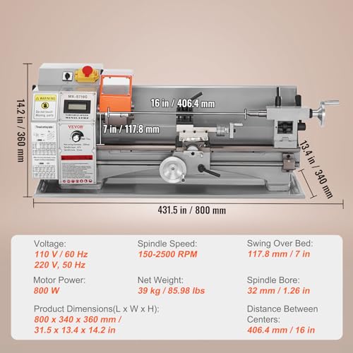 VEVOR Mini Metal Lathe Machine, 7'' x 16'', 800W Precision Benchtop Power Metal Lathe, 150-2500 RPM Continuously Variable Speed