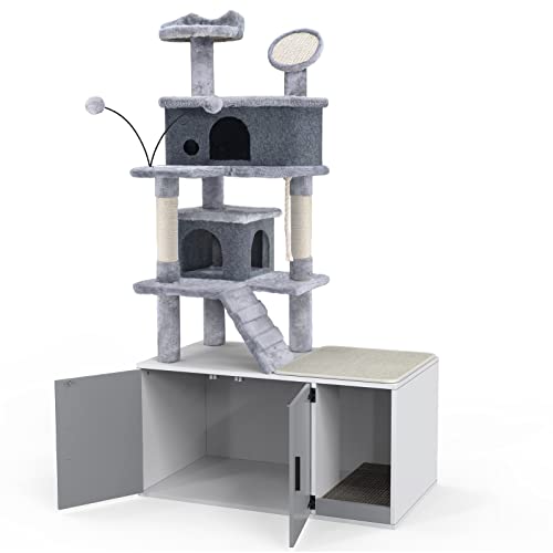 GDLF Cat Litter Box Enclosure,All-in-One Large Cat Tree with Washroom and Sisal Scratching Post & Pad 65”