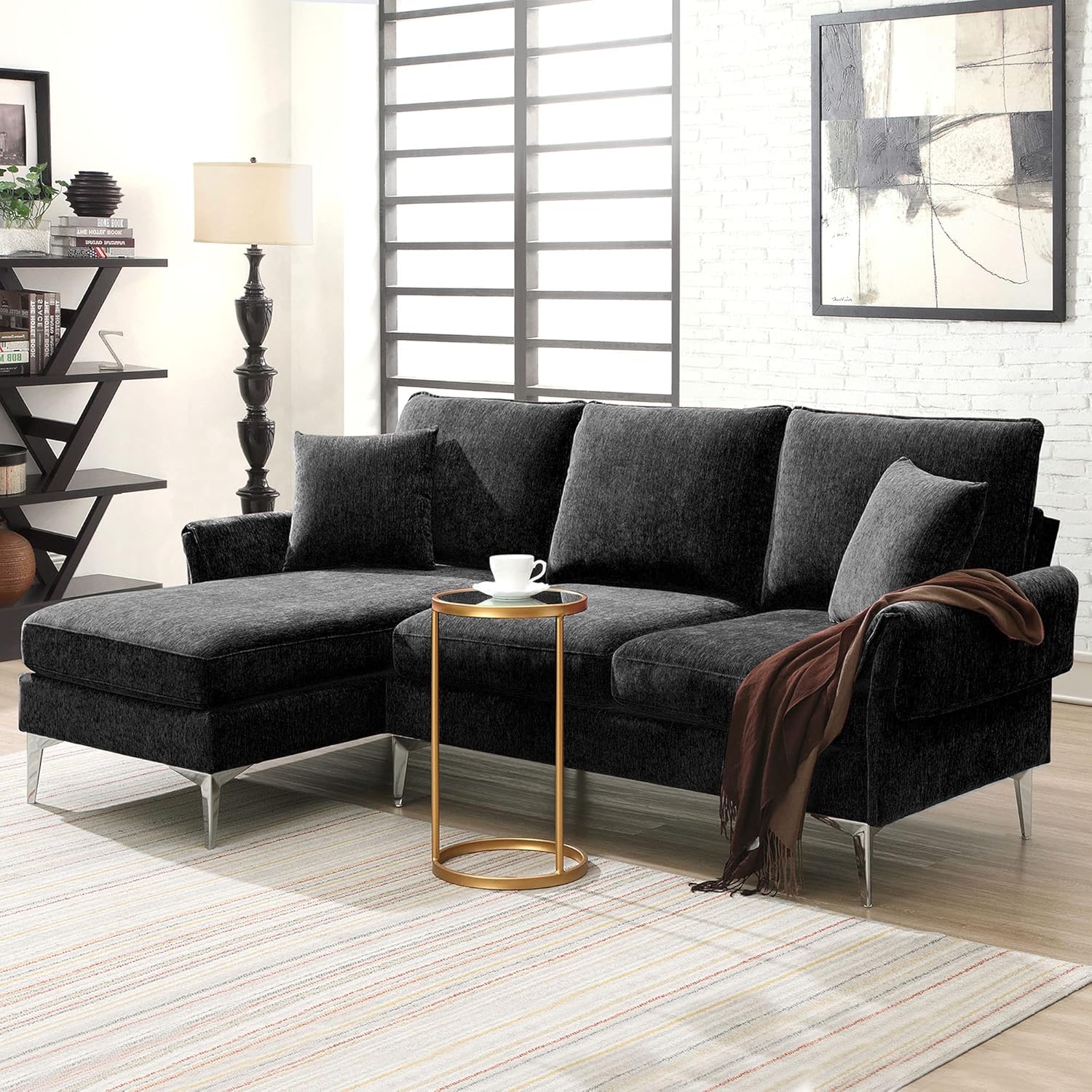 84" Convertible Sectional Sofa with 2 Pillows,Modern Chenille L-Shaped Metal Frame Couch W/Reversible Chaise Lounge,for Dorms,Apartments,Studios,Black