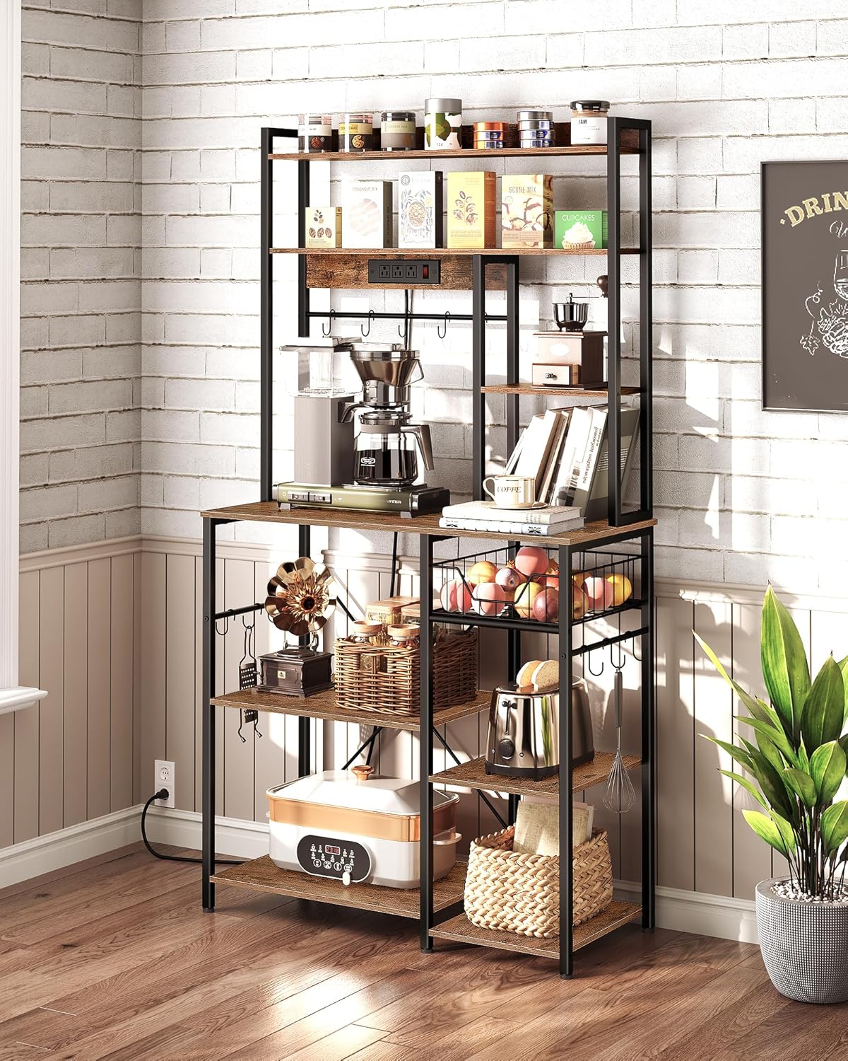 Kitchen Bakers Rack with Power Outlet, Microwave Stand with Multiple Shelves, Floor Standing Bakers Rack, Coffee Bar with Mesh Basket, for Kitchen