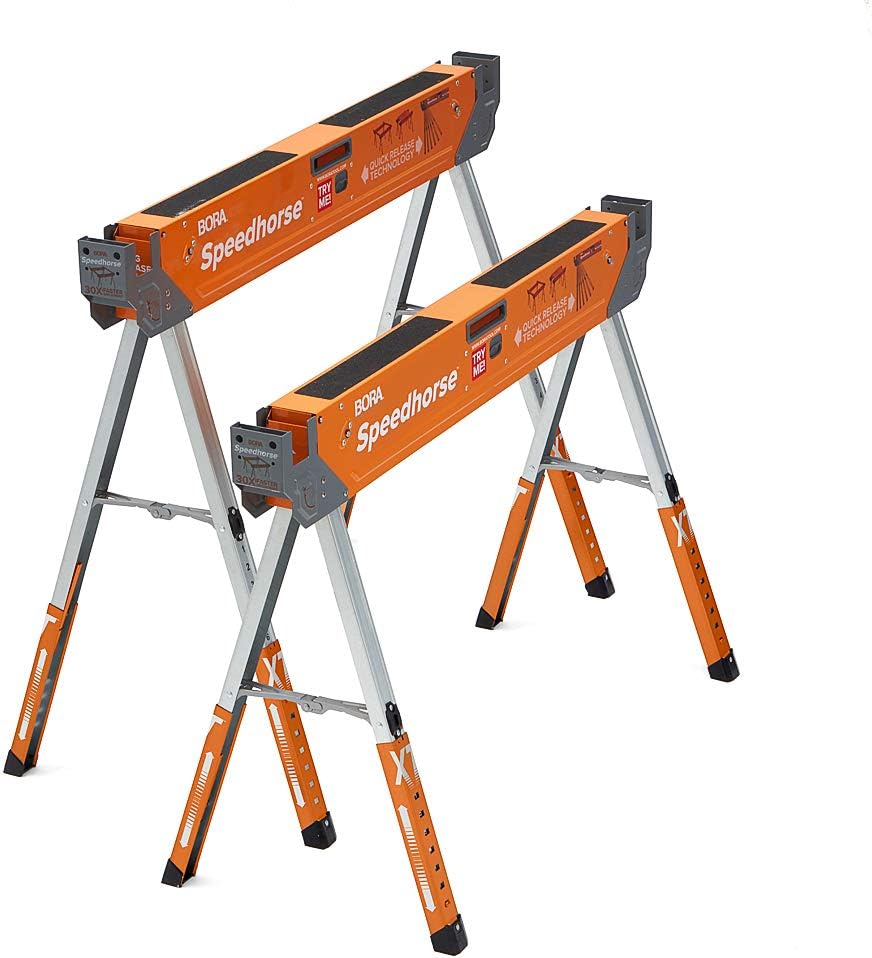 Bora Portamate Speedhorse XT Adjustable Height Sawhorse Pair- Two pack, 30-36 inch height adjustable Legs, Metal Top for 2x4