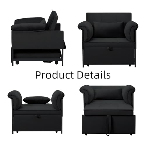 3 in 1 Sleeper Sofa Bed, Futon Sofa Bed for Living Room with Side Pocket, Black Sleepers Sofa Couch with Pullout Bed