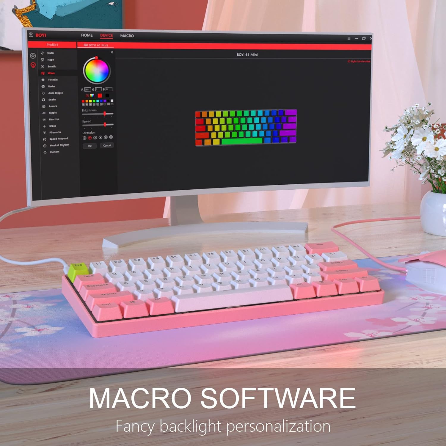 BOYI 60% Mechanical Gaming Keyboard,BOYI 61 Mini RGB Cherry Switch PBT Keycap 60% RGB Mechanical Gaming Keyboard(Pink Color, Cherry Blue Switch)