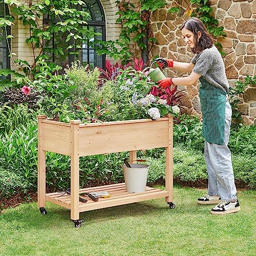 Yaheetech 42x23x33in Wooden Raised Garden Bed with Wheels Horticulture Flower Planter Boxes Elevated Vegetables Growing Bed for Grow Herbs and
