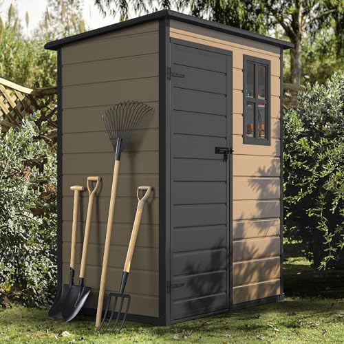 DWVO 5x3ft Resin Outdoor Storage Shed with Floor, Waterproof Lockable Storage Shed with Window, Plastic Outside Tool Storage for Garden, Backyard