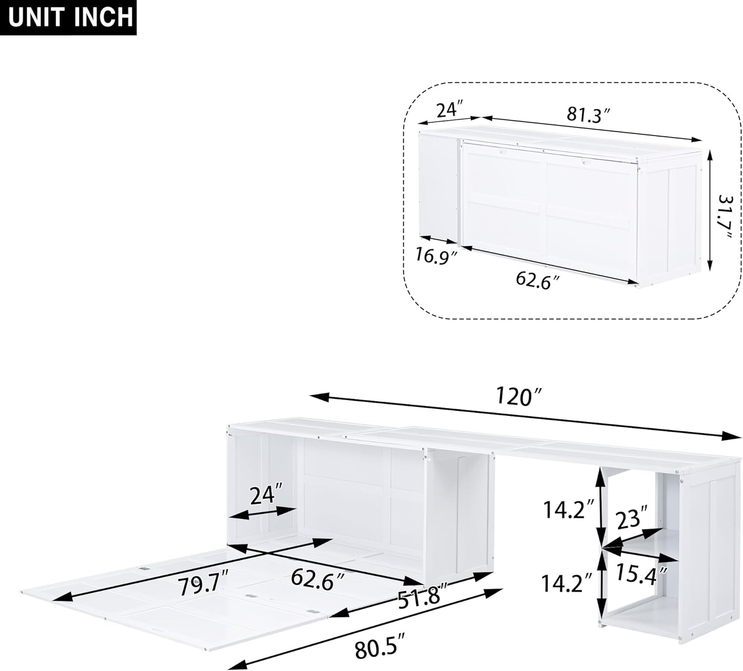 BOVZA Queen Size Murphy Bed with Rotable Desk and Storage Drawers, Cube Cabinet Bedframe for Small Spaces, White