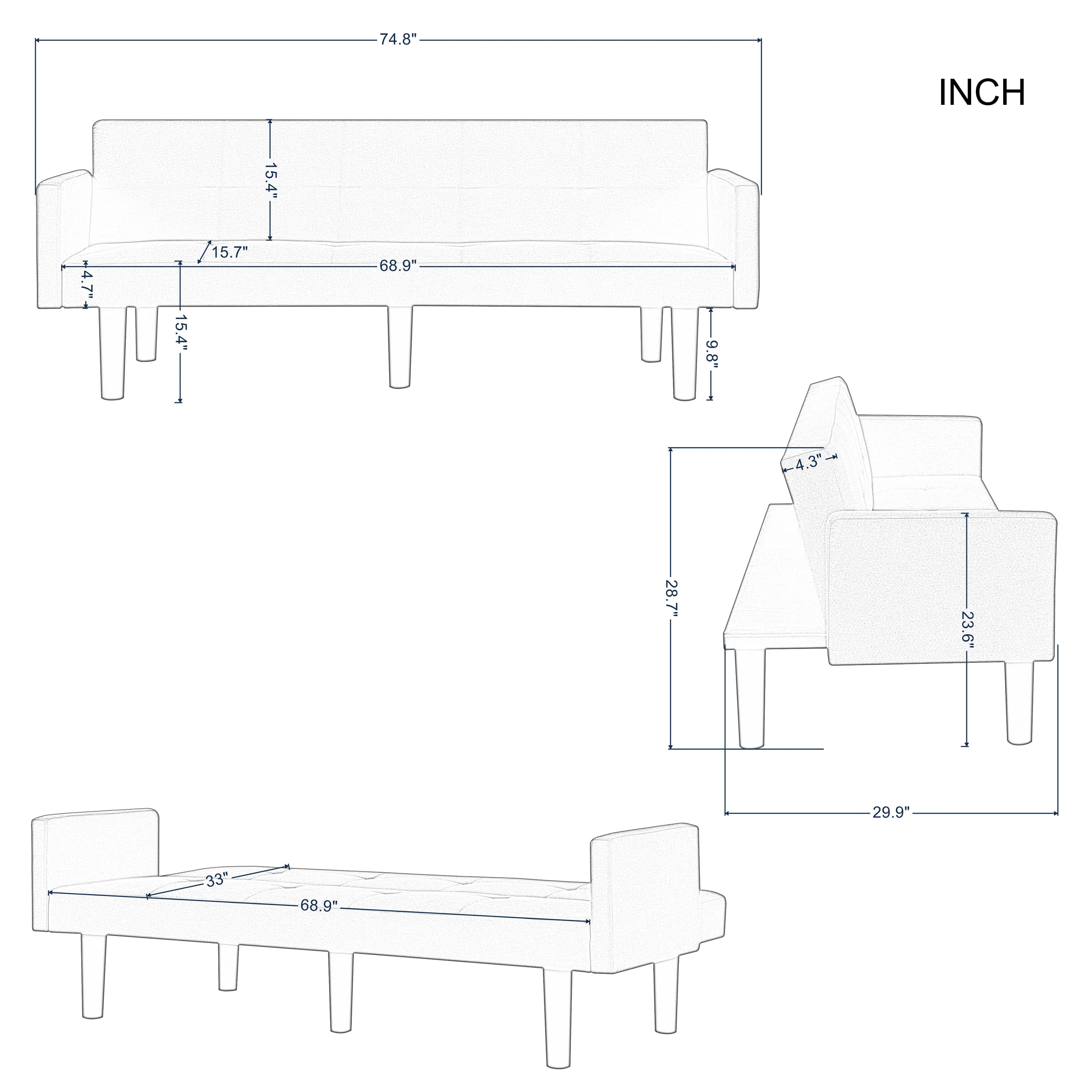 BSHTI 74.8 inch Futon Sofa bed,Modern Adult Sofa,Foam Futon Sleeper for Livingroom(Navy Blue)