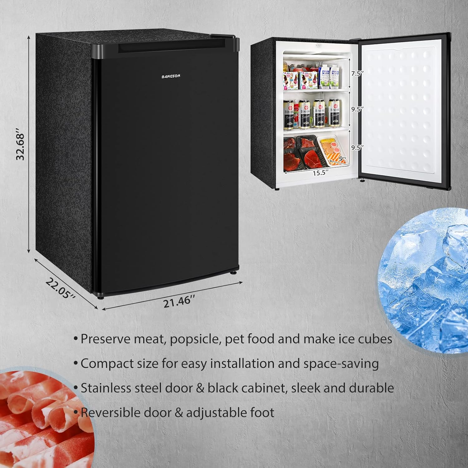 BANGSON Mini freezer, 1.1 Cu.ft Upright Freezer, Standing Meat Freezer, Single Reversible Door, Removable Shelves, For Garage/Home/Kitchen/Office