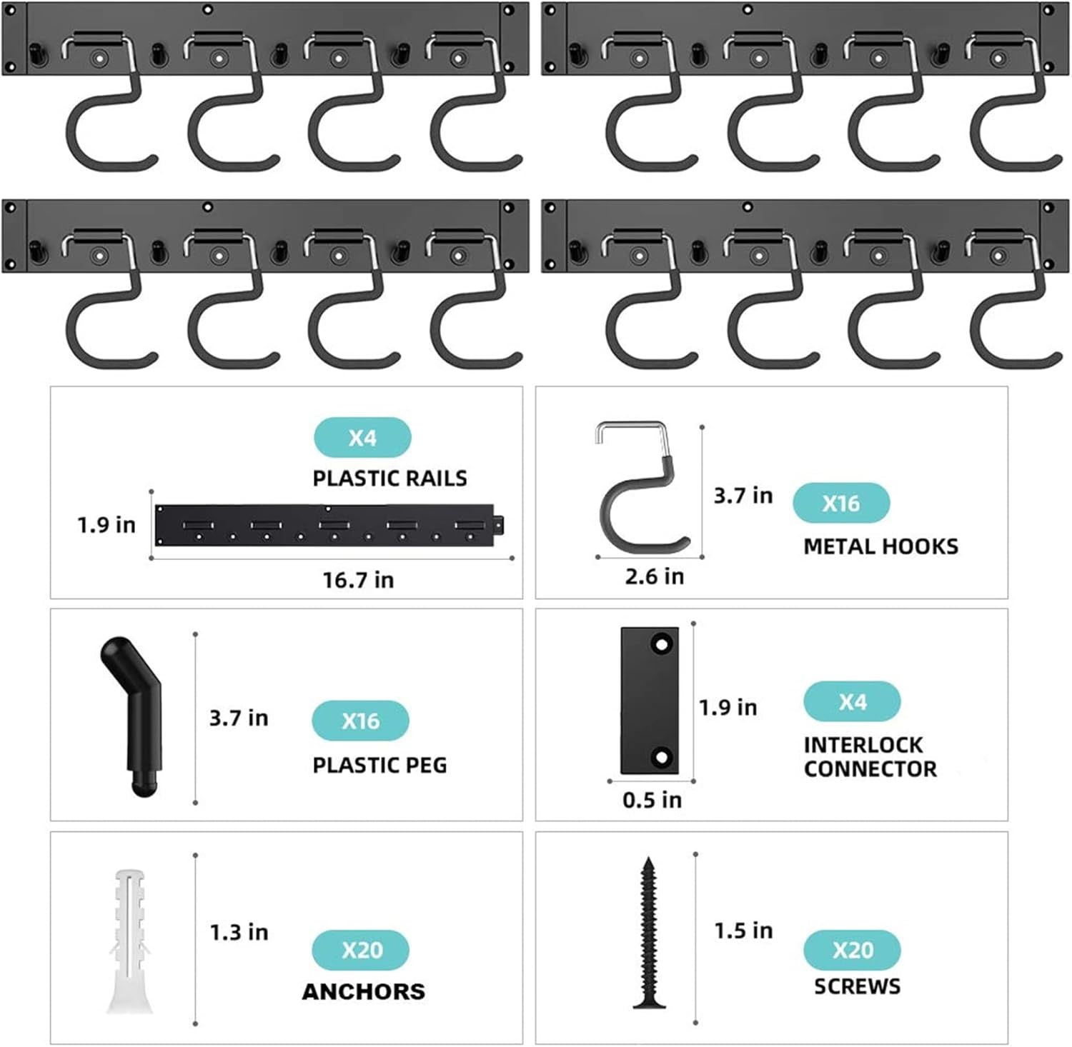 TORACK 64 Inch Garage Hooks Tool Organizer, Adjustable Wall Mounted Garage Hanger Storage System (16 Hooks & 16 Pegs) Pack of 2