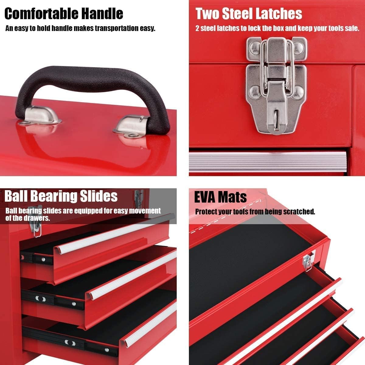 Happytools Portable Tool Box, Lockable Steel Tool Chest Cabinet w/ 3 Drawers & Top Tray, 3-Drawer Toolbox for Household, Warehouse, Repair shop