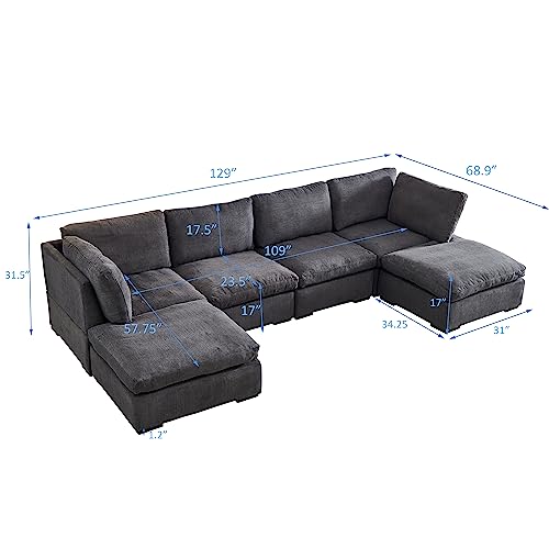 129" Convertible Sectional Sofa Couch for Living Room U Shaped Sofa Couch Cloud Sofa Modular Sectional Sofa Couch with Ottoman Feather Filled for