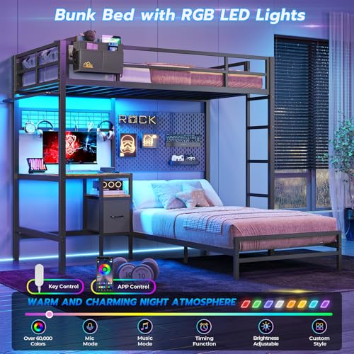 DICTAC Twin Over Twin Size Bunk Bed with Desk and Charging Station Metal Loft Bed with Led Lights & Storage Shelves and Drawers L-Shaped Bunk Bed for
