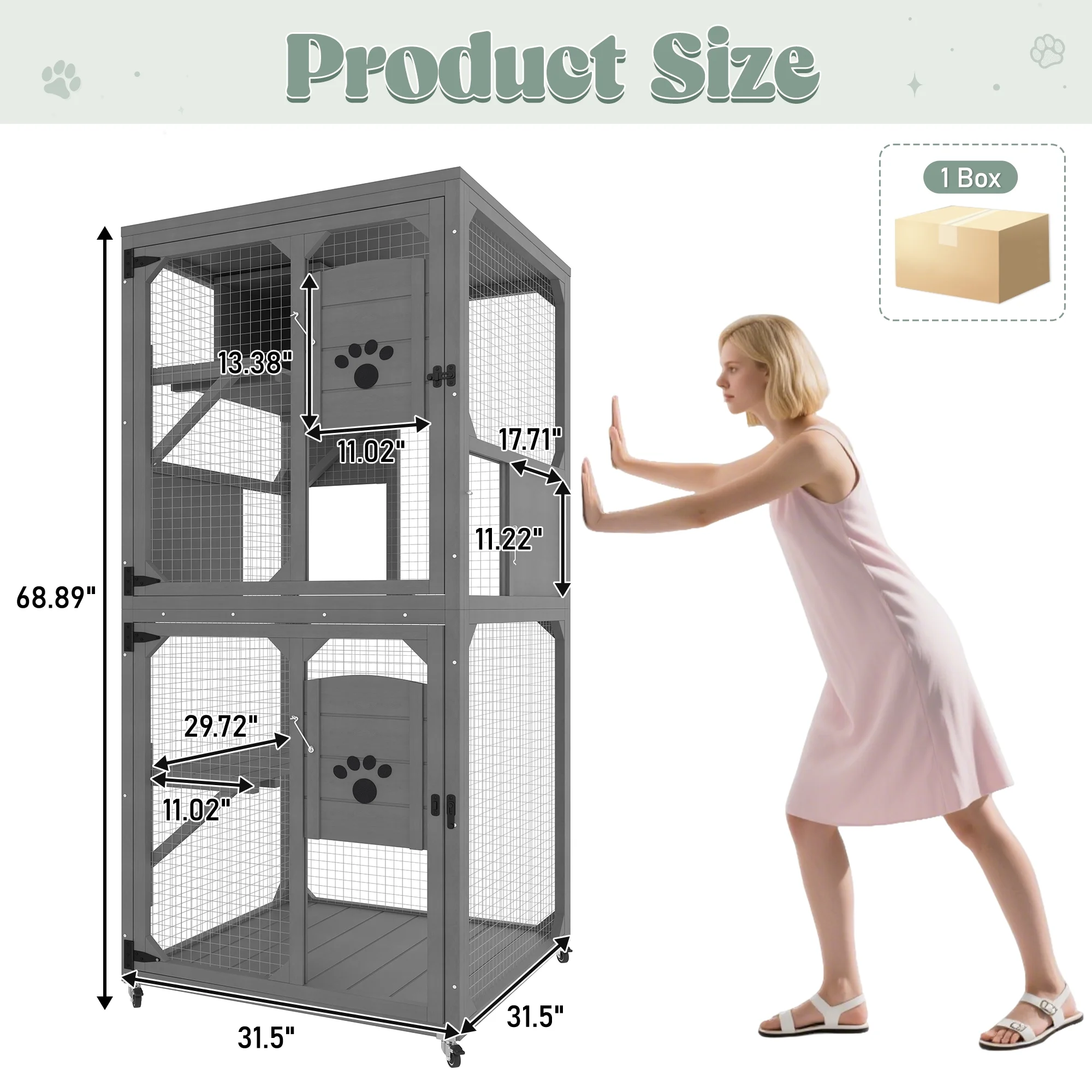 Montary Catio Outdoor Cat Enclosure with Window Access, 4-Tier Cat House with Wheels, Waterproof Roof &amp; Resting Box, Large Gray Cage