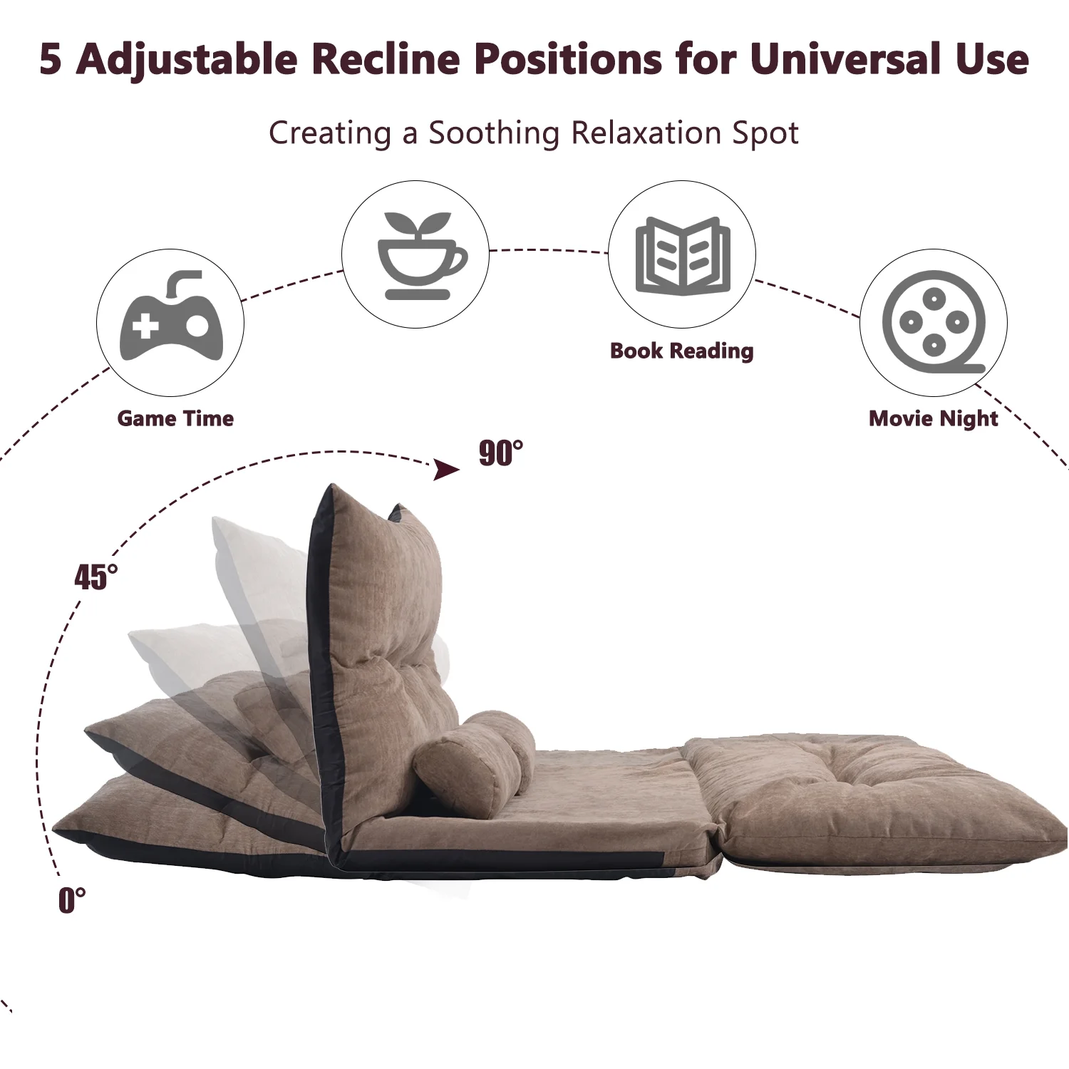 Nestfair Light Brown Sofa Bed Adjustable Folding Futon Sofa with Two Pillows