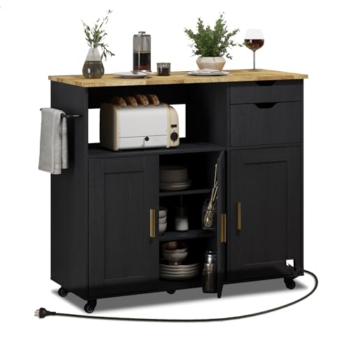 Rolling Mobile Kitchen Island Cart Bar with Drawer and Desktop Drop Leaf Countertop, Island Table Storage with 5 Wheels