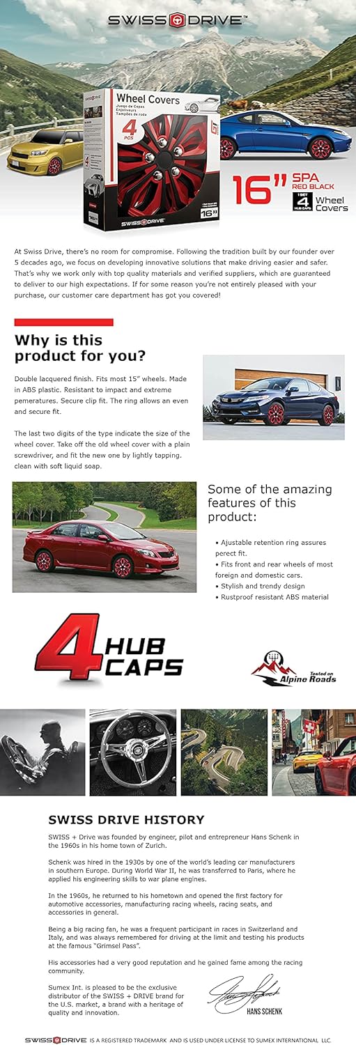 Swiss Drive Hubcaps 16 Set of 4 -Luxurious Red and Black Design – Durable and Reliable