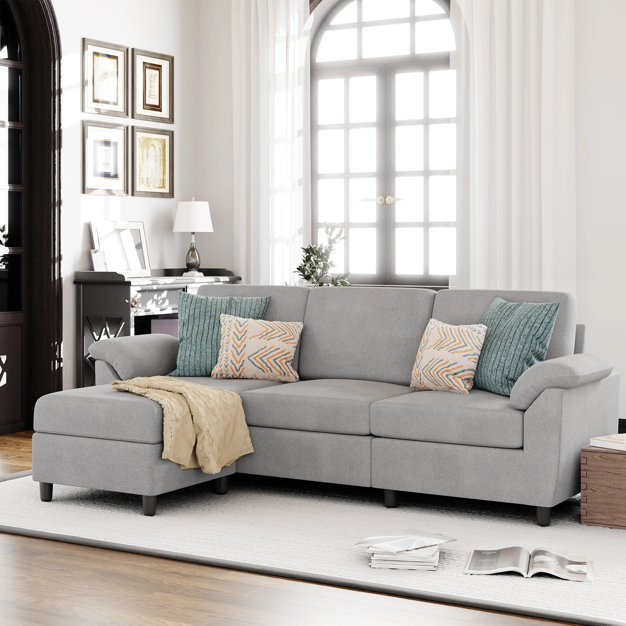 Walsunny 79 Convertible Sectional Sofa Couch,Linen Fabric L Shaped Sofa with Removable Pillows Dark Gray