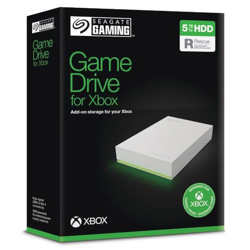 Seagate Game Drive voor Xbox 5TB, Externe harde schijf, USB 3.2 Gen 1, Xbox-gecertificeerd, RGB-ledverlichting, Wit, Data Rescue Service (STKX5000100)