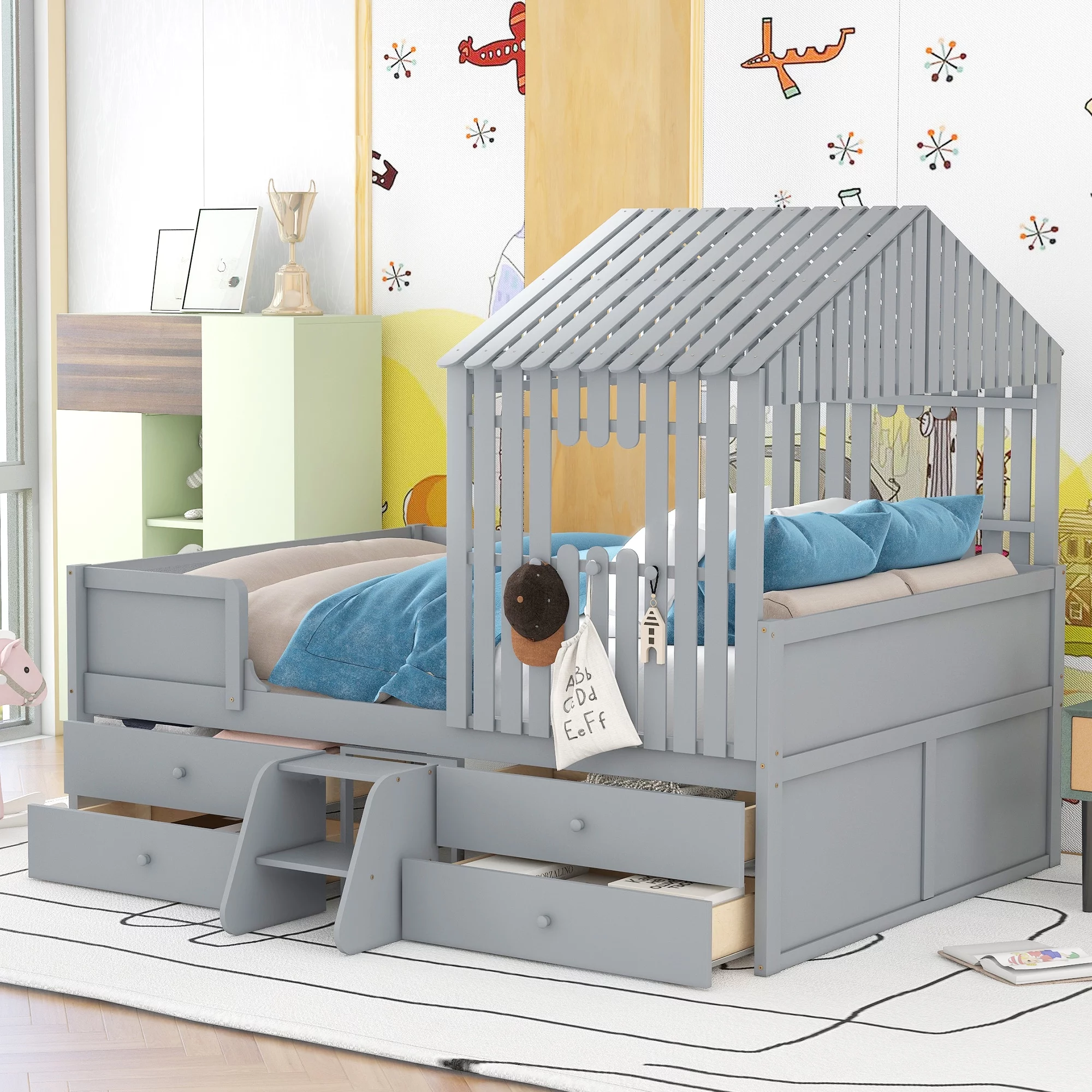 Full Size House Low Loft Bed with Four Drawers,Gray