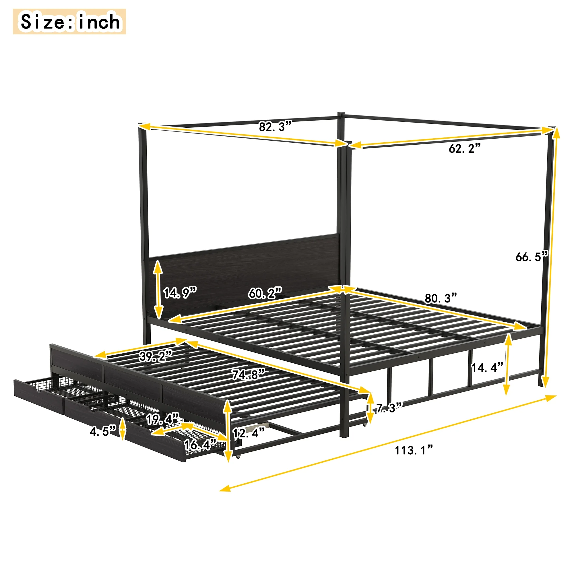 Churanty Queen Size Canopy Platform Bed with Trundle, Metal Four-Poster Canopy Bed Frame with for 3 Storage Drawers for Bedroom,Black