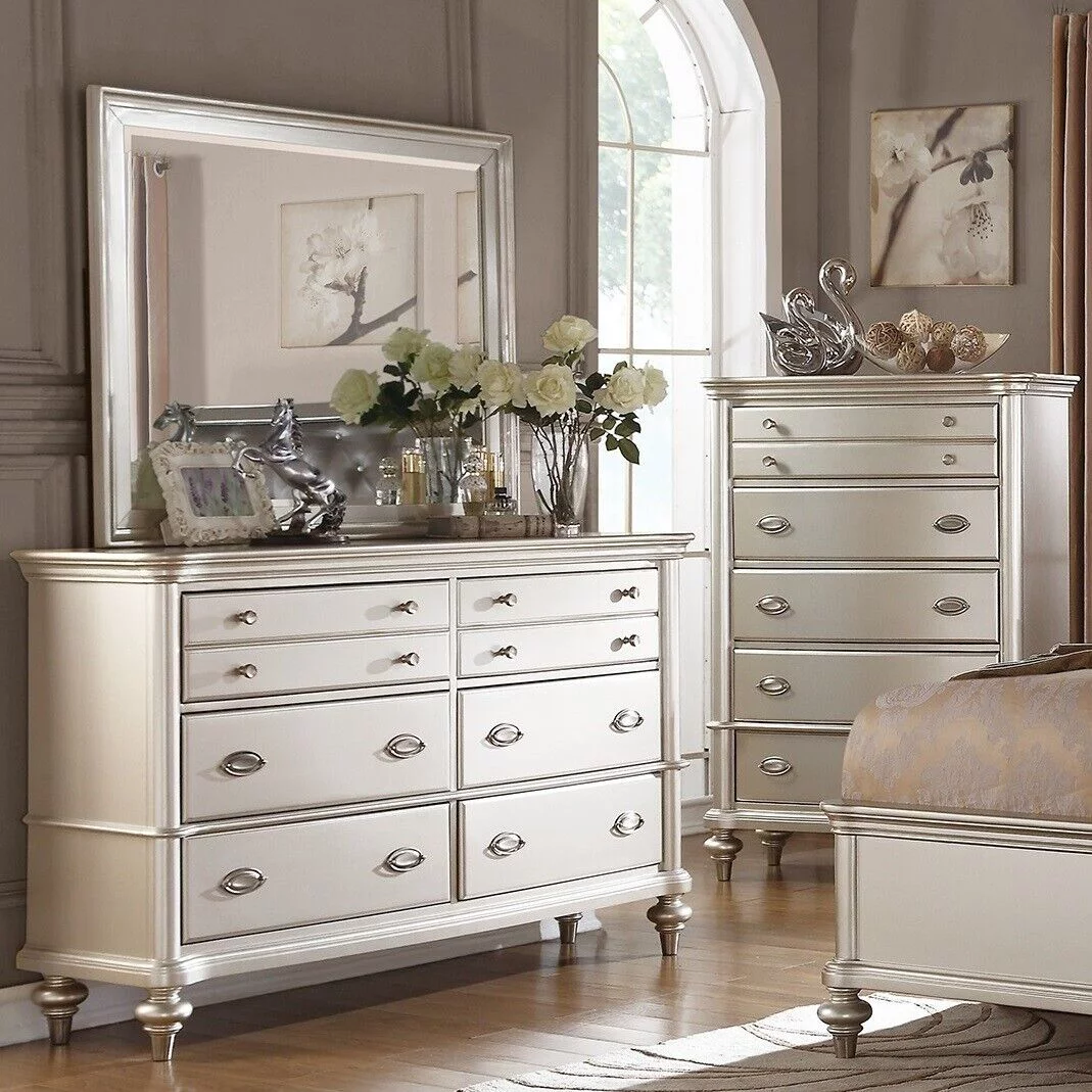 Traditional Look Queen Size Bed 4pc Set Faux Leather Tufted Headboard Dresser Mirror Nightstand Silver Finish Bedroom Furniture