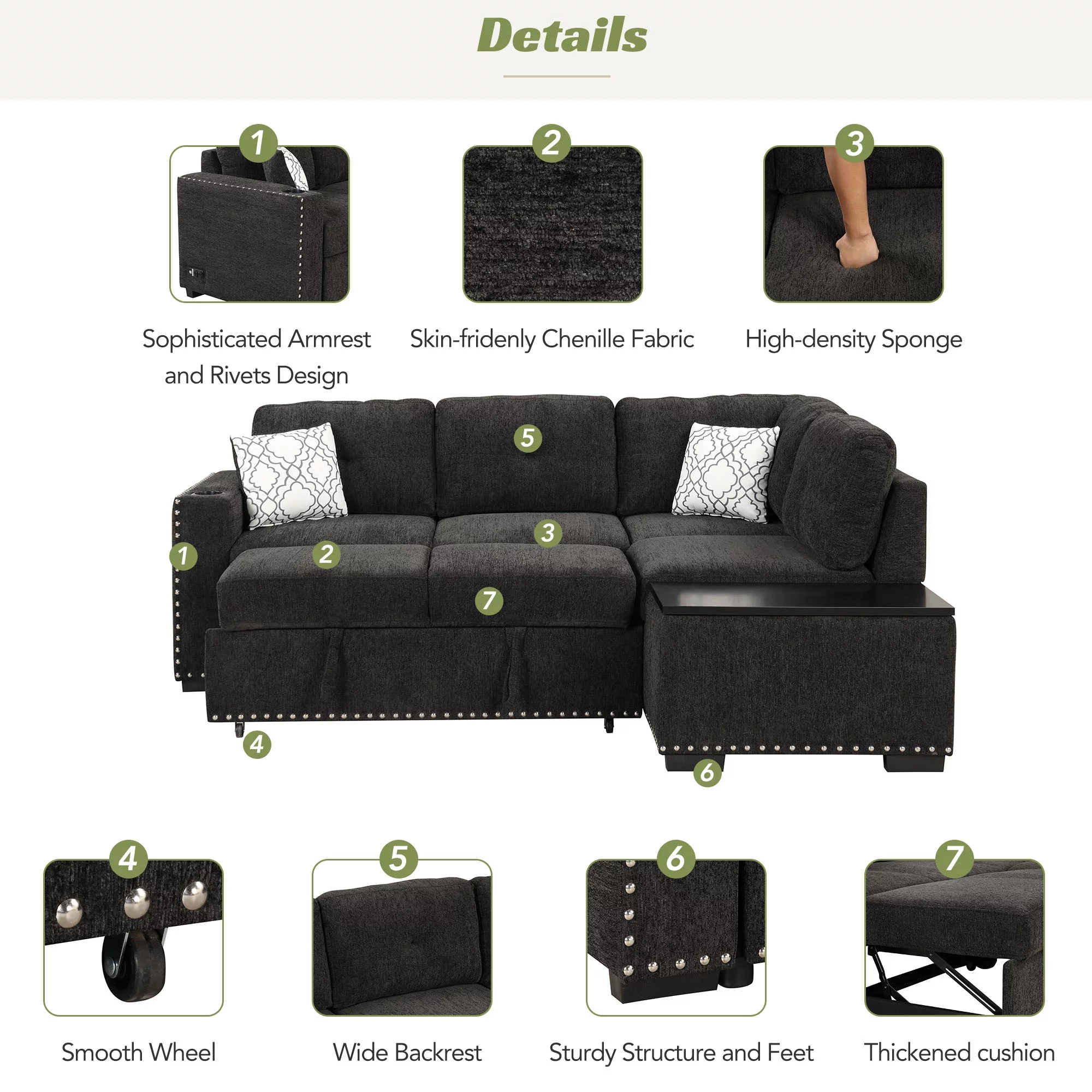 Reversible Sectional Pull-Out Sofa Bed L-Shaped Corner with Storage Chaise, Black