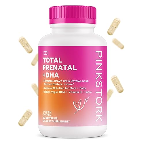 Pink Stork Total Prenatal Vitamins with DHA, Folate, Iron, Choline, and Vitamin B12. Prenatals for Women to Support Fetal Development