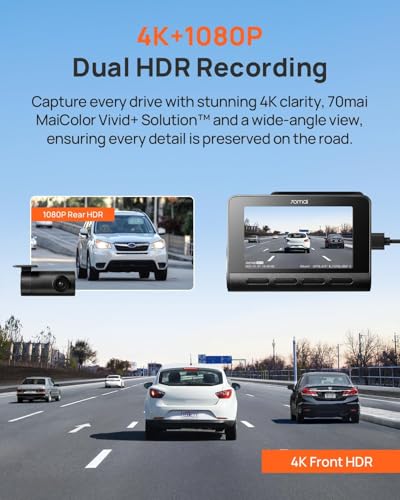 70mai A810 4K Dash Cam Front and Rear, Dual Dash Camera for Cars with Starvis 2 HDR Night Vision, 4G LTE Support, ADAS, Built in GPS & WiFi