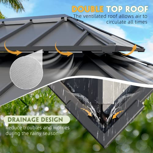 EROMMY 12'x20' Hardtop Gazebo Double Roof Galvanized Steel Canopy Outdoor Aluminum Frame Permanent Metal Pavilion with Netting and Curtains for Patio