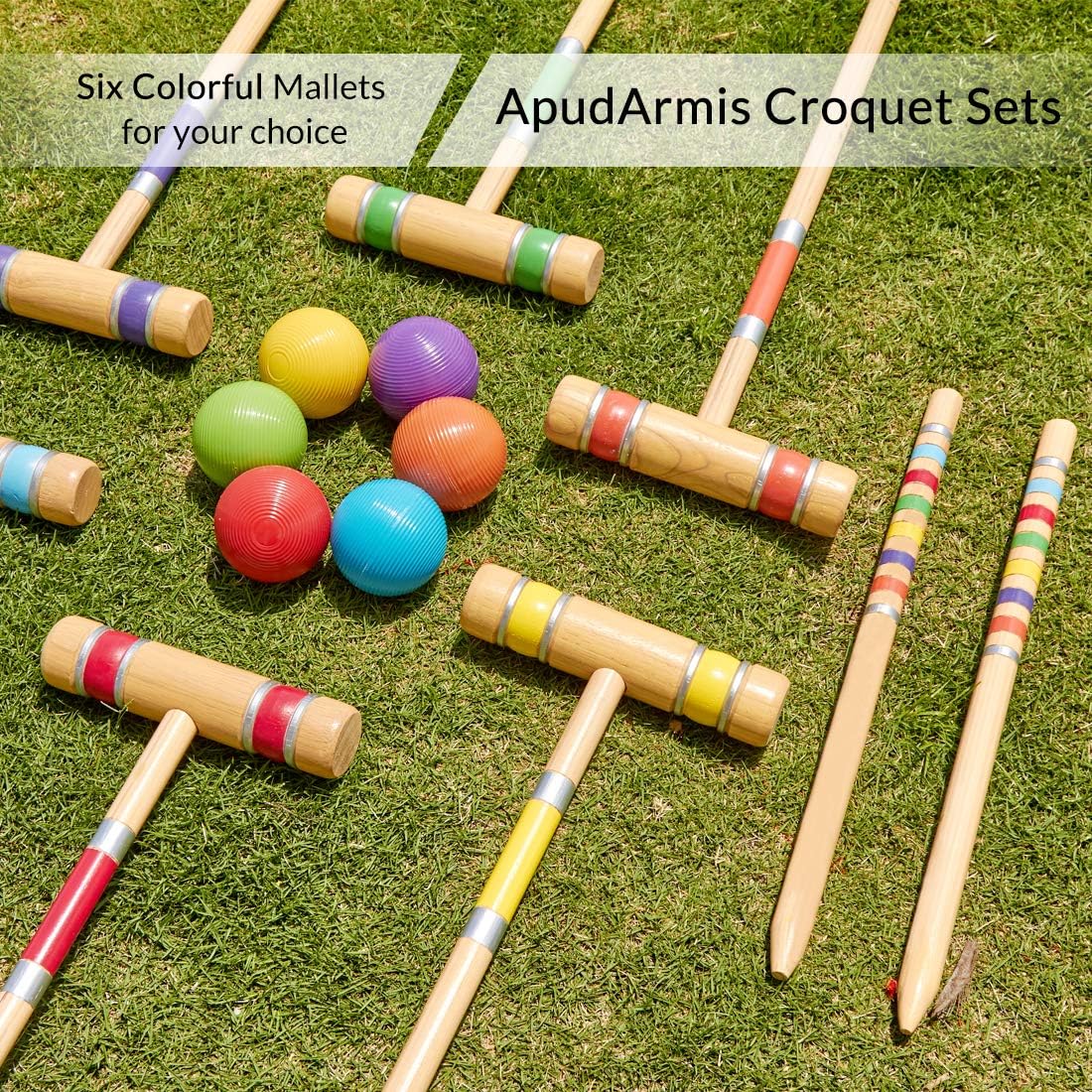 ApudArmis Six Player Croquet Set with Premiun Rubber Wooden Mallets 28In,Colored Ball,Wickets,Stakes