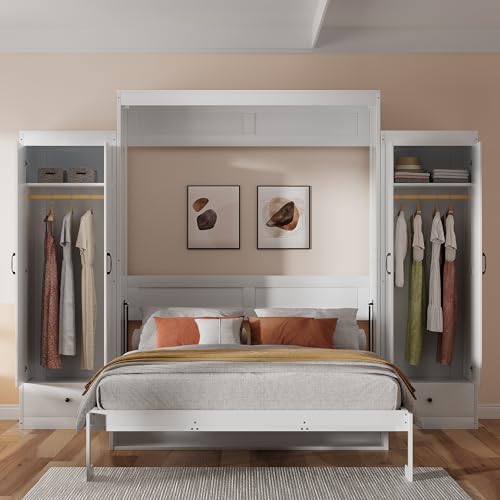 Queen Size Murphy Bed with Desk & Charging Station,Wall Bed Frame Folding into Cabinet Design w/LED & Storage Shelf for Small Space,Bedroom