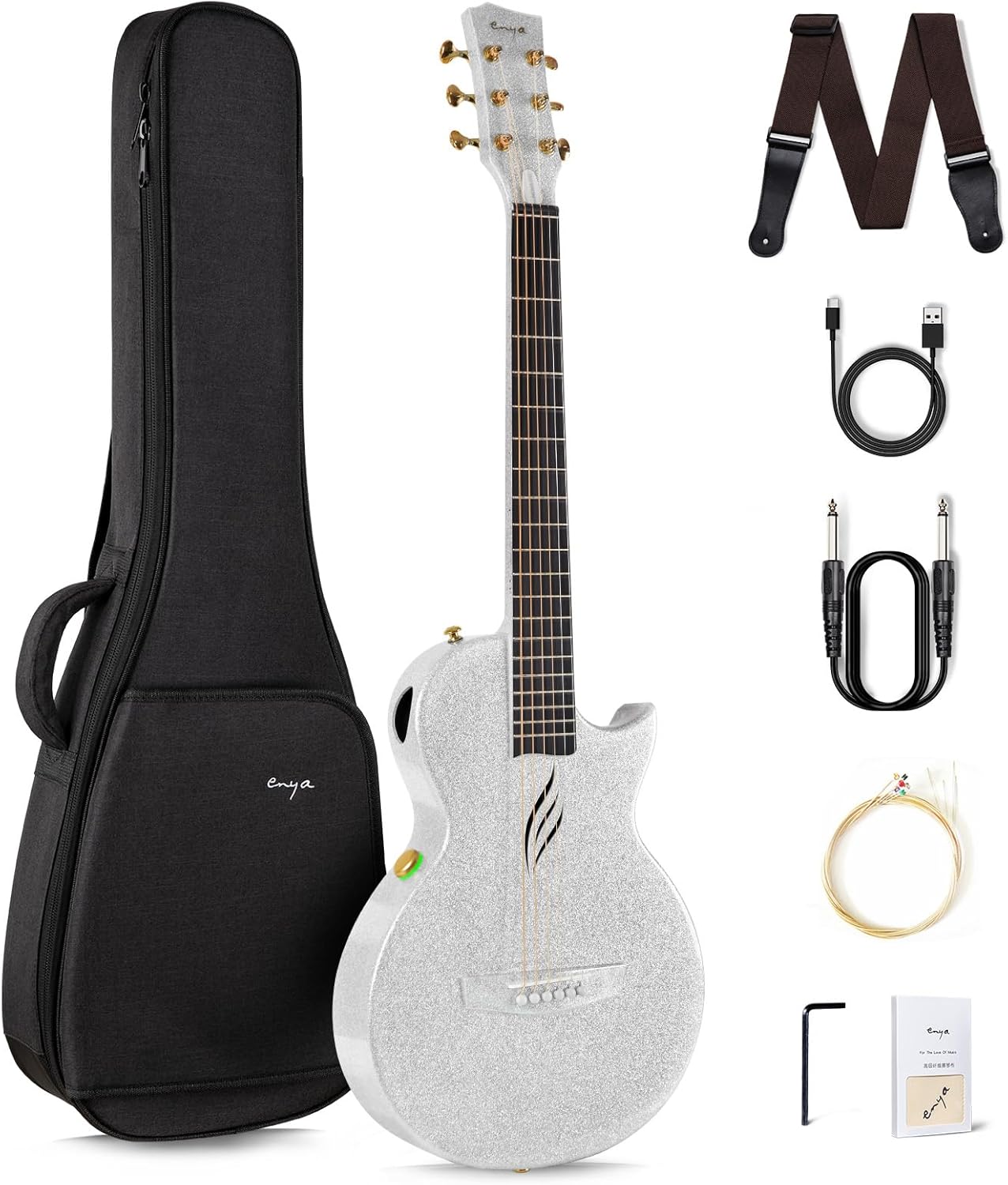 Enya NOVA Go SP1 Carbon Fiber Acoustic Electric Guitar with Smart AcousticPlus 35 Inch Travel Acustica Guitarra Starter Bundle Kit of Gig Bag, Strap