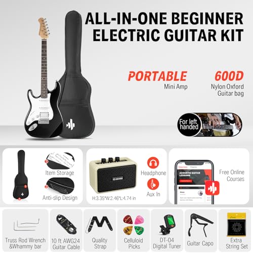 Donner DST-100B 39 Inch Electric Guitar Beginner Kit Solid Body Full Size Black HSS for Starter, with Amplifier, Bag, Digital Tuner, Capo, Strap