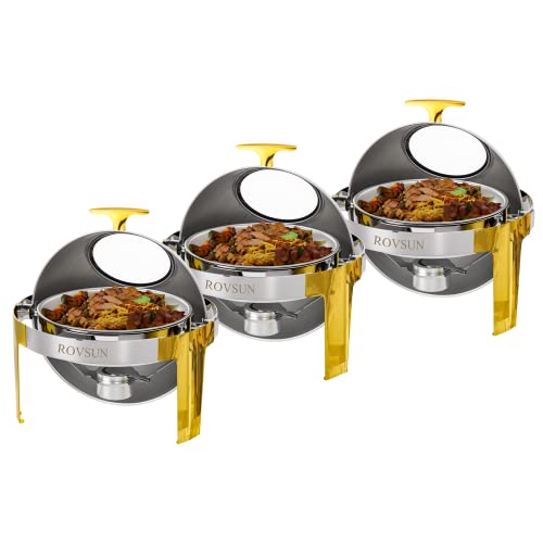 ROVSUN 3 Packs Roll Top Chafing Dish Buffet Set Gold Accent,6 Quart Round Stainless Steel Chafer