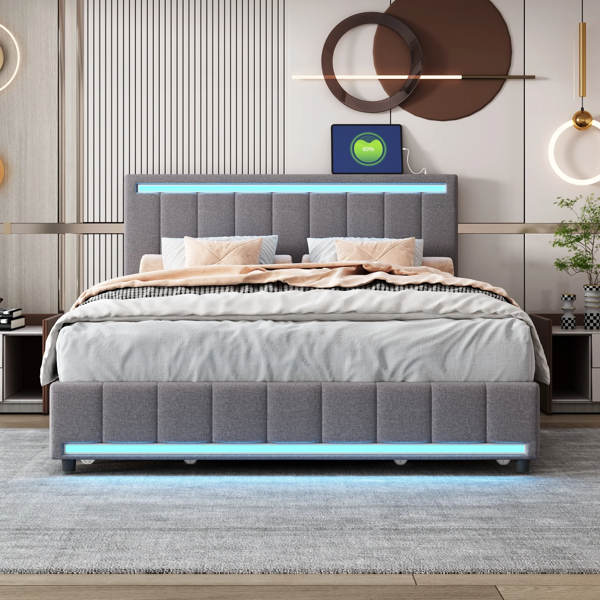 Bellemave Queen Size Linen Upholstered Bed with LED Light and Drawers Storage Platform Bed with USB Charging Port Queen Bed Frame with Adjustable