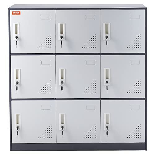 VEVOR Metal Locker for Employees, 9 Doors Storage Cabinet with Card Slot, Gray Steel Employee Lockers with Keys