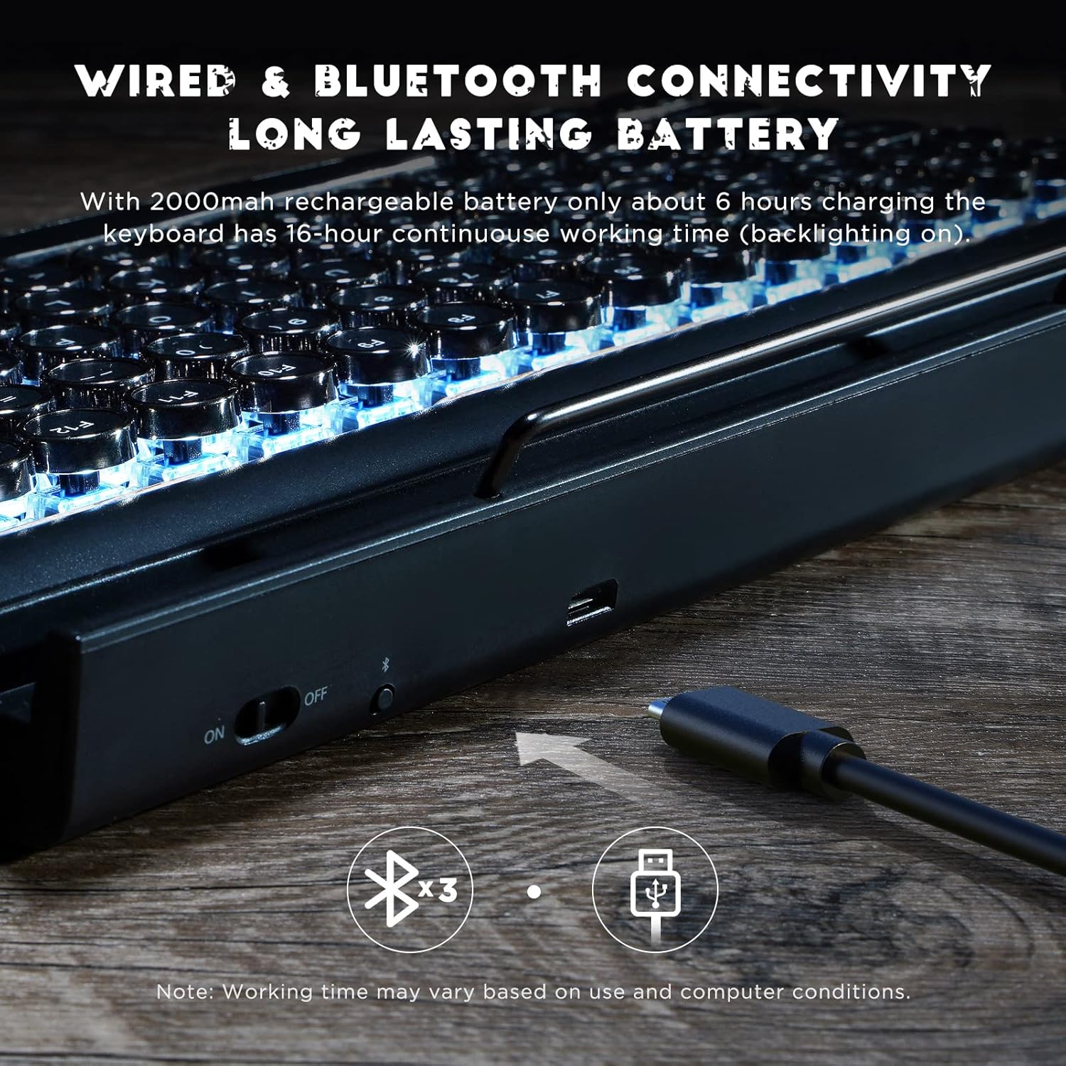 Retro Typewriter Keyboard with White Lighting, Multi-Device Bluetooth Wireless & Wired Aesthetic Mechanical Keyboard for Computer/Laptop/Tablets