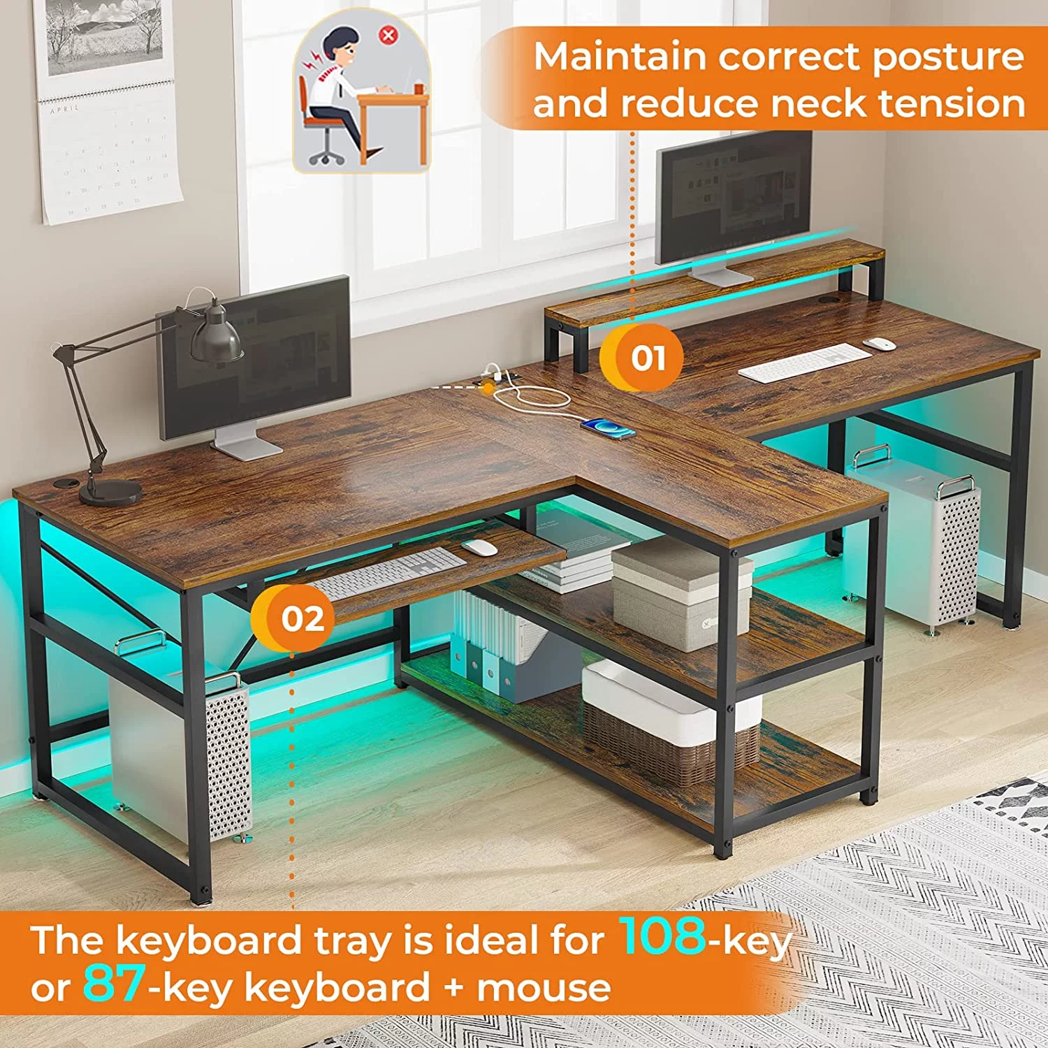 sell well 94.5" Home Office Desks  Computer Gaming Desk with Storage  LED Lights  Power Strip with USB  Keyboard Tray &amp
