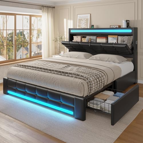 ADORNEVE Queen Bed Frame with Storage Headboard & 4 Drawers, LED Bed Frame Queen with Charging Station