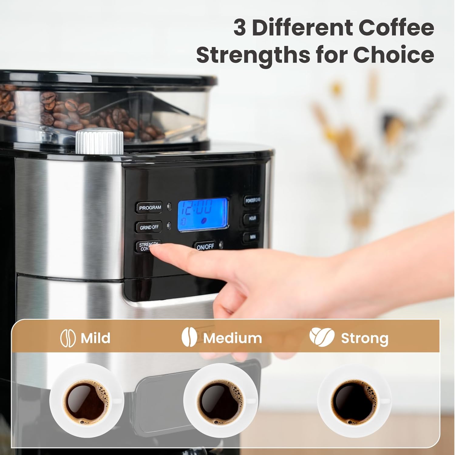 Gevi 10-Cup Drip Coffee Maker with Built-in Grinder, Programmable Brew Coffee Machine with Timer, Reusable Filter, 1.5L Water Tank, Coffee Pot
