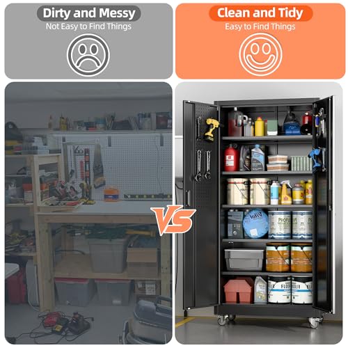 71" Metal Storage Cabinet with Wheels and Pegboard, Lockable Rolling Steel Storage Cabinet with 5 Adjustable Shelves and Door for Garage, Office