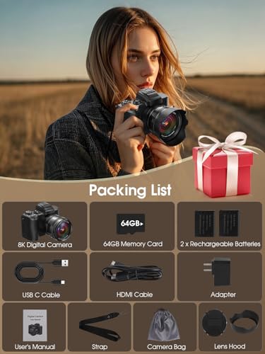 8K Digital Camera, 88MP Cameras for Photography with WiFi & Touch Screen, 16X Zoom Vlogging Camera for YouTube Video, Autofocus & Anti-Shake
