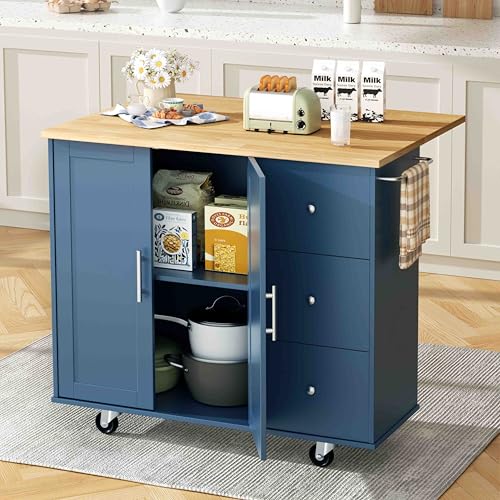 Shintenchi Rolling Kitchen Island Cart with Folding Drop Leaf Breakfast Bar, Portable Trolley Island with Large Storage Cabinet, Shelf and Drawer